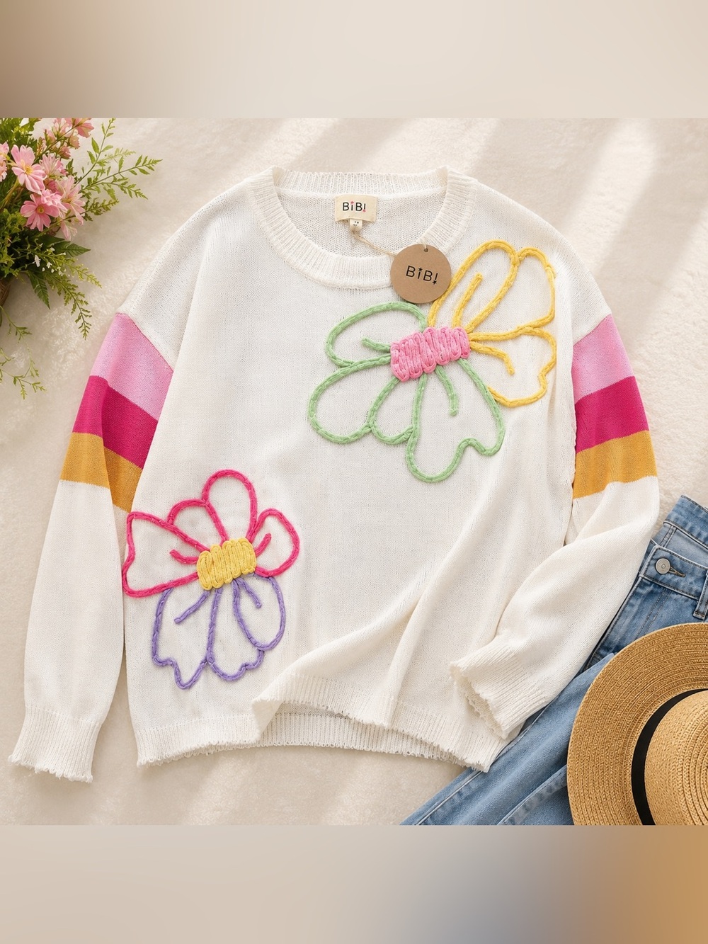 BiBi Floral Yarn Appliqué Lightweight Knit Sweater Medium NWT Artsy Colorful
